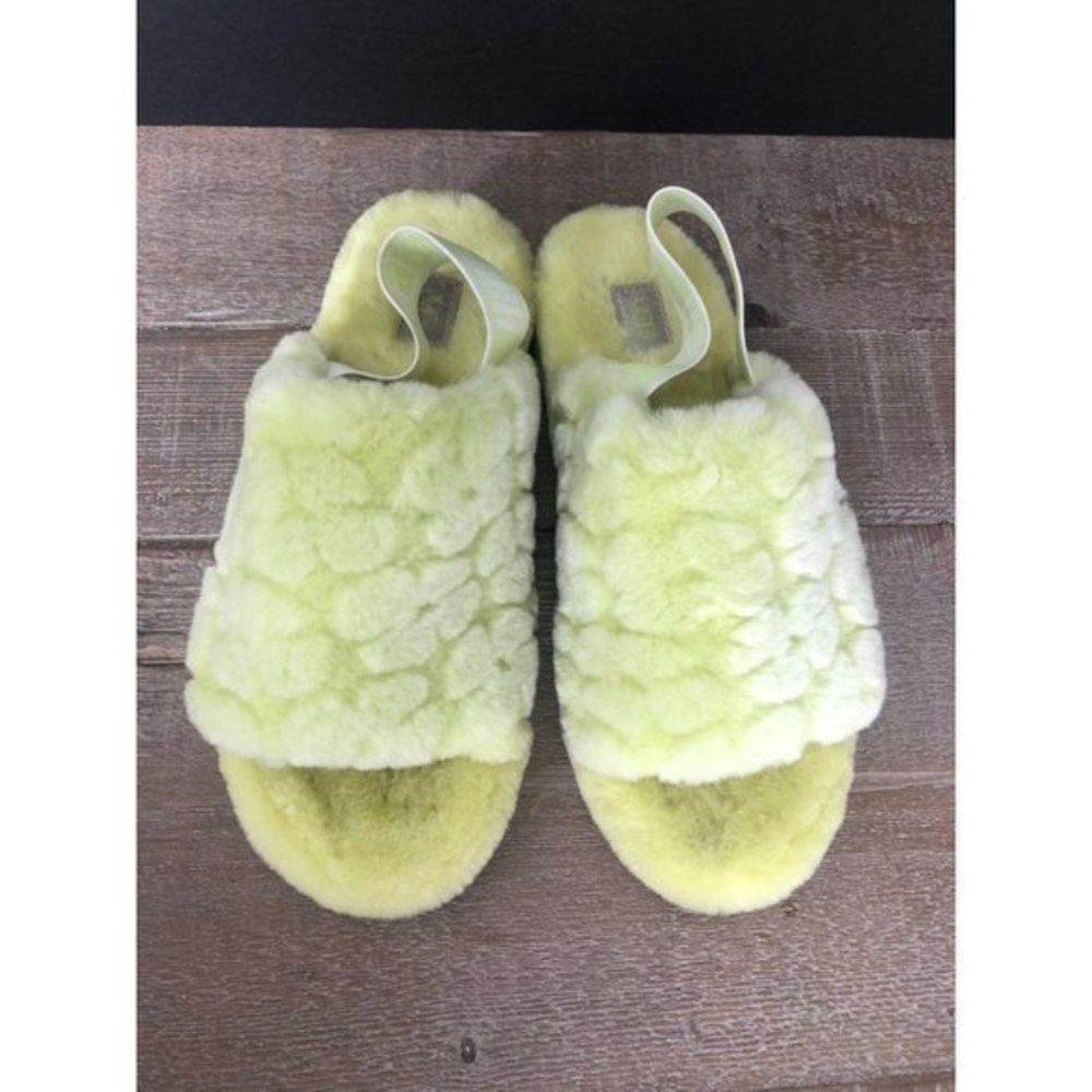 UGG Fluff Yeah Women's neon lime slide sandal logo strap size 11 - Picture 2 of 9